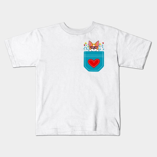 Cute Dog Red Heart Flowers Pocket Kids T-Shirt by Bestworker